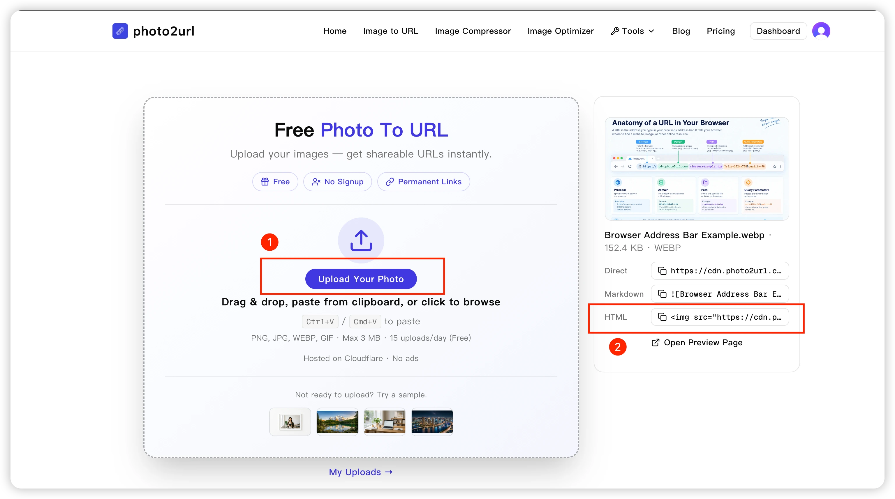 Step-by-step guide to uploading an image on photo2url and getting a direct URL