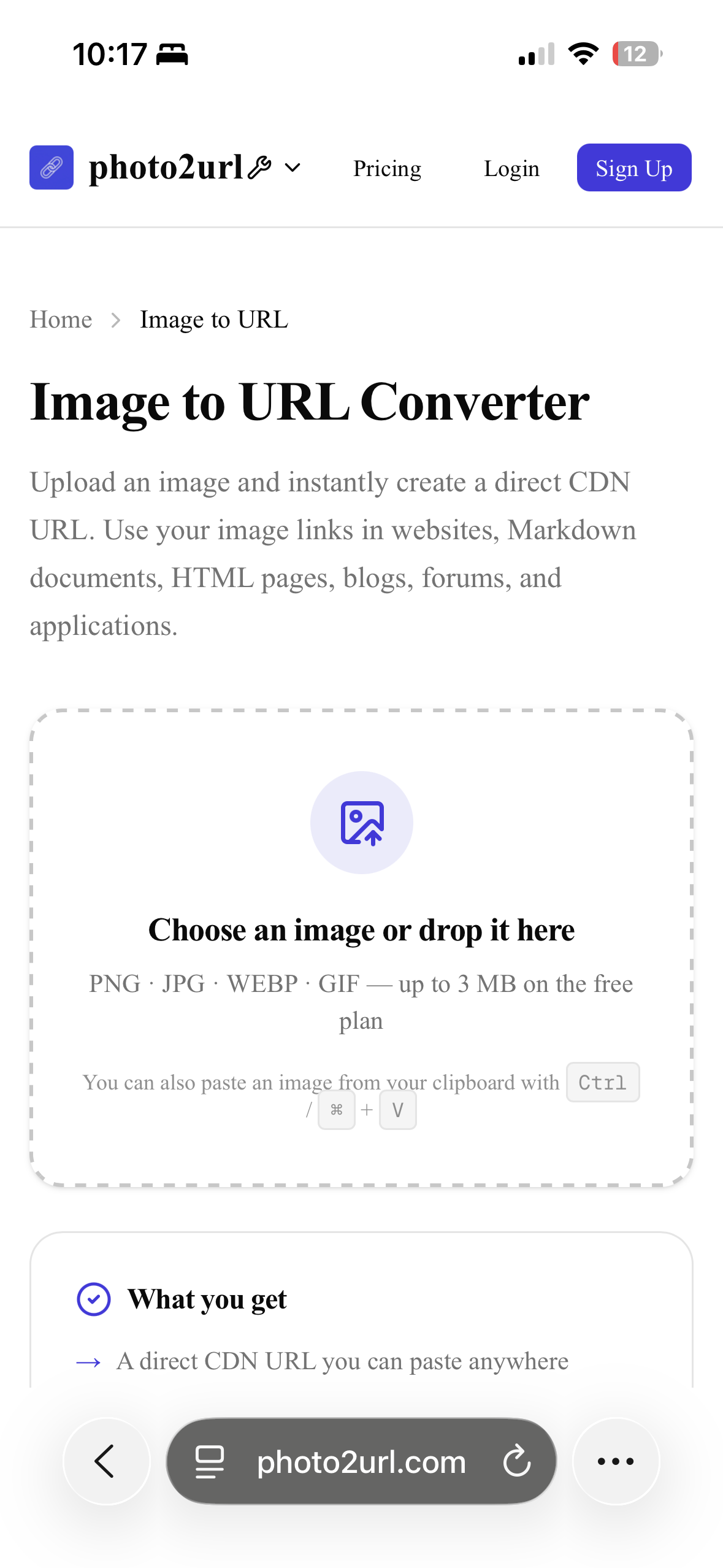 Photo2URL Image to URL upload area on an iPhone before an image is selected